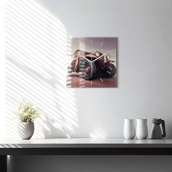 Square glass wall clock Vintage car