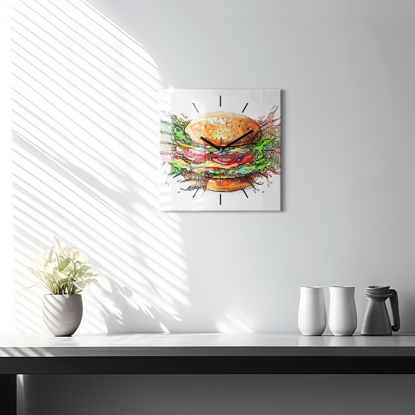 Square glass wall clock XXL Cheese Burger