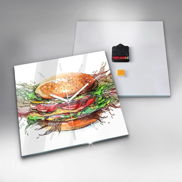 Square glass wall clock XXL Cheese Burger