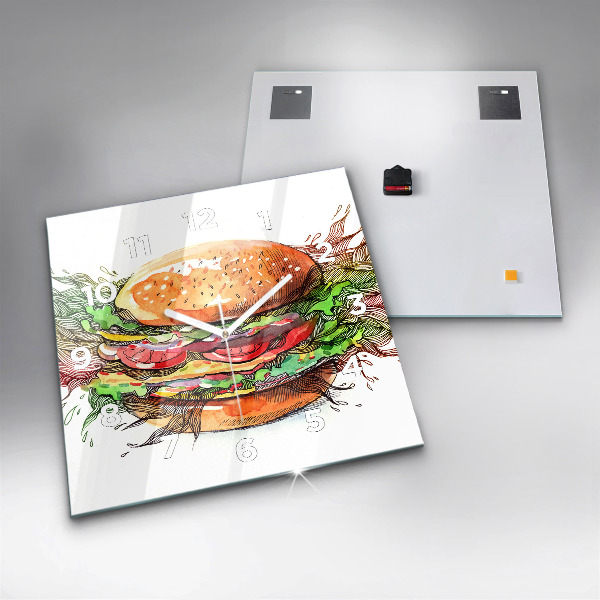 Square glass wall clock XXL Cheese Burger