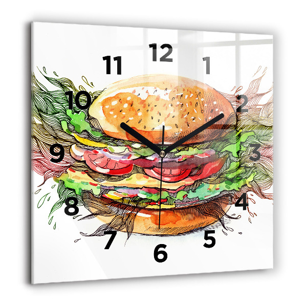 Square glass wall clock XXL Cheese Burger