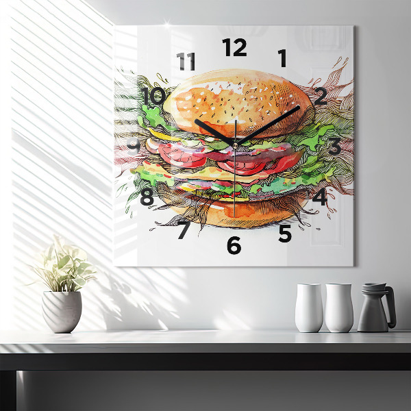 Square glass wall clock XXL Cheese Burger