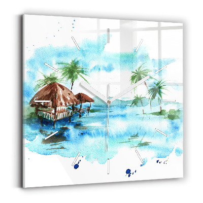 Square glass wall clock Picture of a deserted island