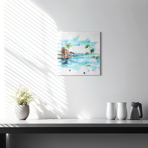 Square glass wall clock Picture of a deserted island
