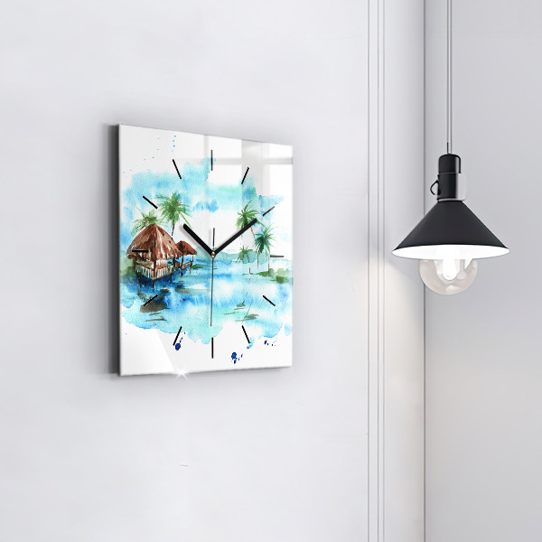 Square glass wall clock Picture of a deserted island