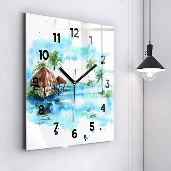 Square glass wall clock Picture of a deserted island