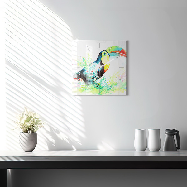 Square glass wall clock Toucan in the grass