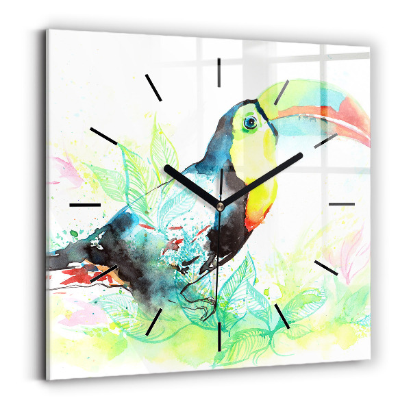 Square glass wall clock Toucan in the grass