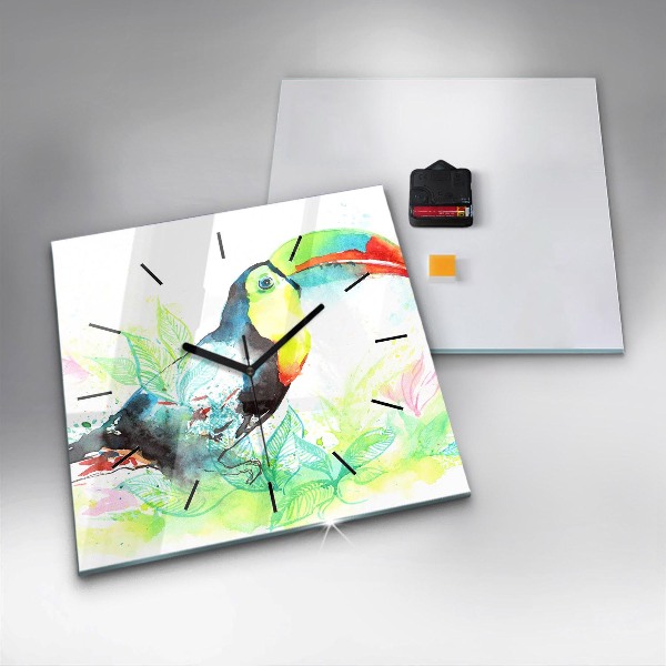 Square glass wall clock Toucan in the grass