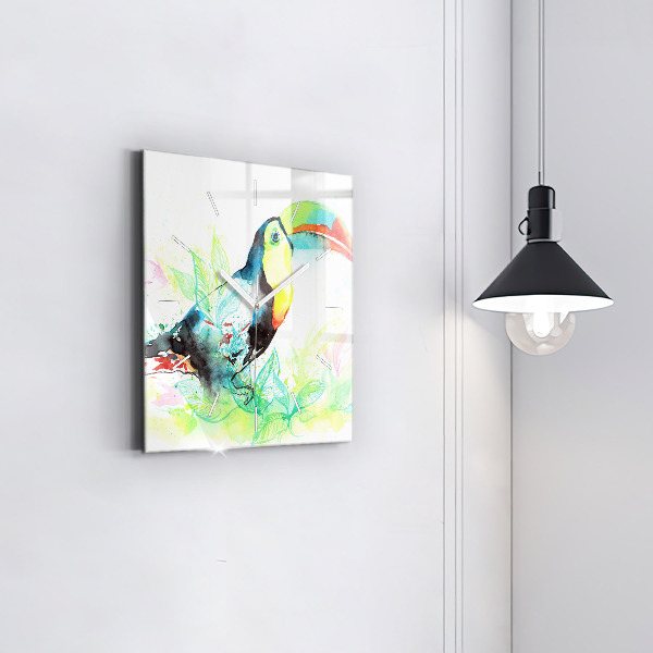 Square glass wall clock Toucan in the grass