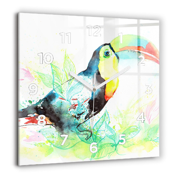 Square glass wall clock Toucan in the grass
