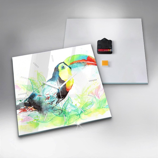 Square glass wall clock Toucan in the grass