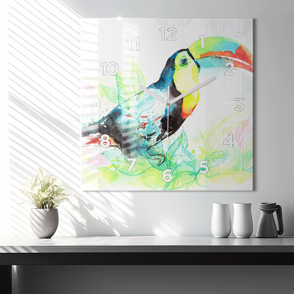 Square glass wall clock Toucan in the grass