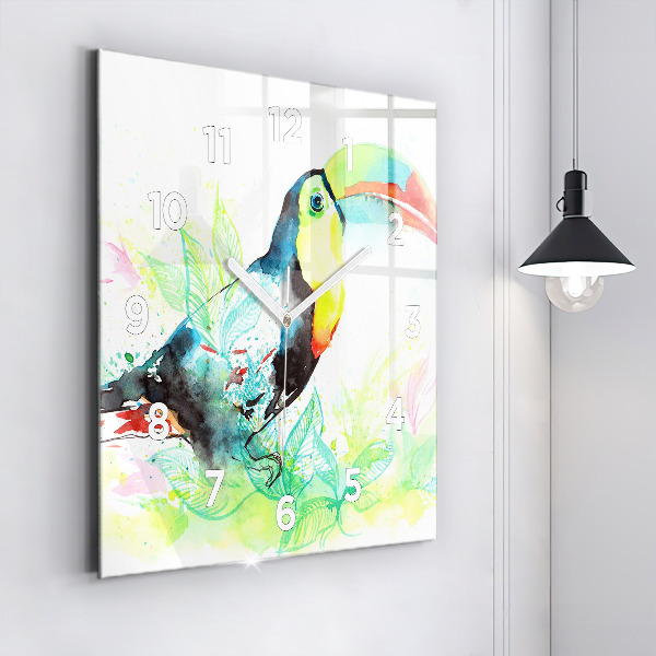 Square glass wall clock Toucan in the grass