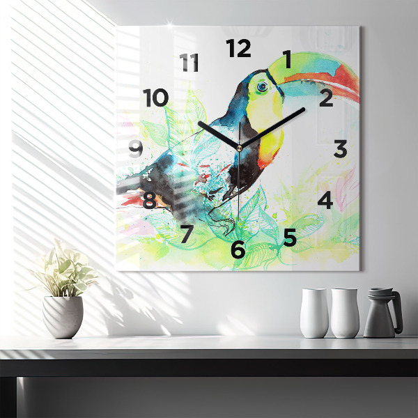Square glass wall clock Toucan in the grass