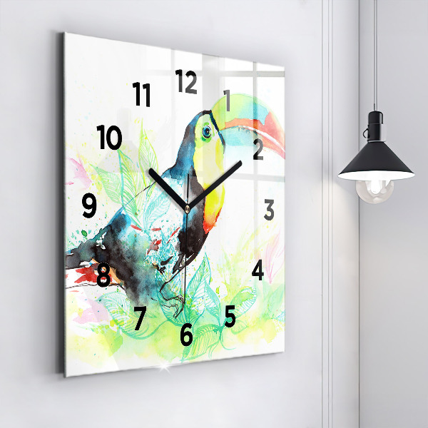 Square glass wall clock Toucan in the grass