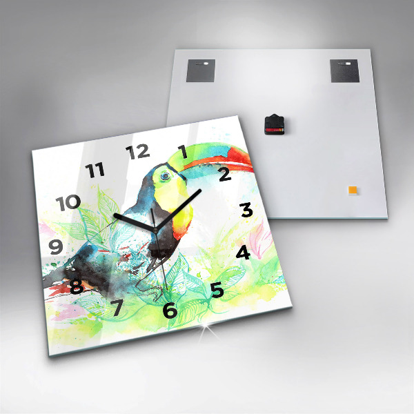 Square glass wall clock Toucan in the grass