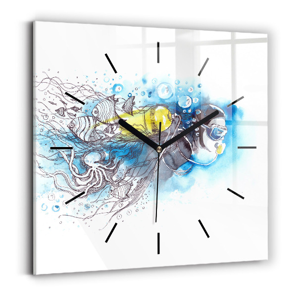 Square glass wall clock Underwater fish life