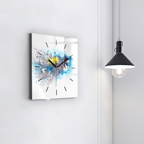 Square glass wall clock Underwater fish life