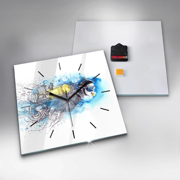 Square glass wall clock Underwater fish life