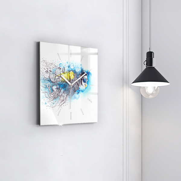 Square glass wall clock Underwater fish life