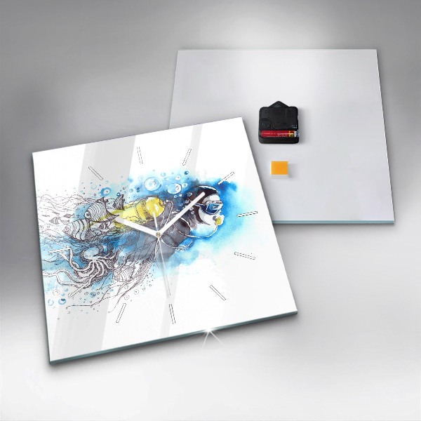 Square glass wall clock Underwater fish life