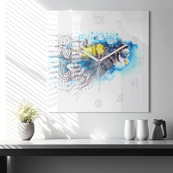 Square glass wall clock Underwater fish life