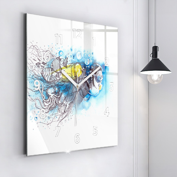 Square glass wall clock Underwater fish life