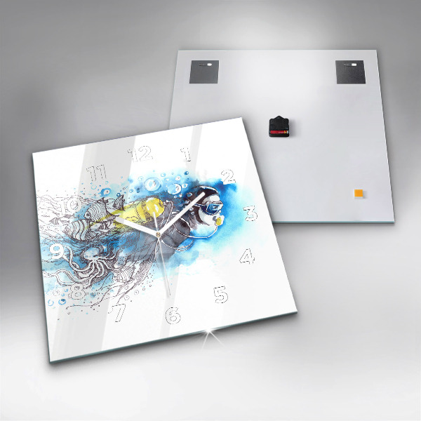 Square glass wall clock Underwater fish life