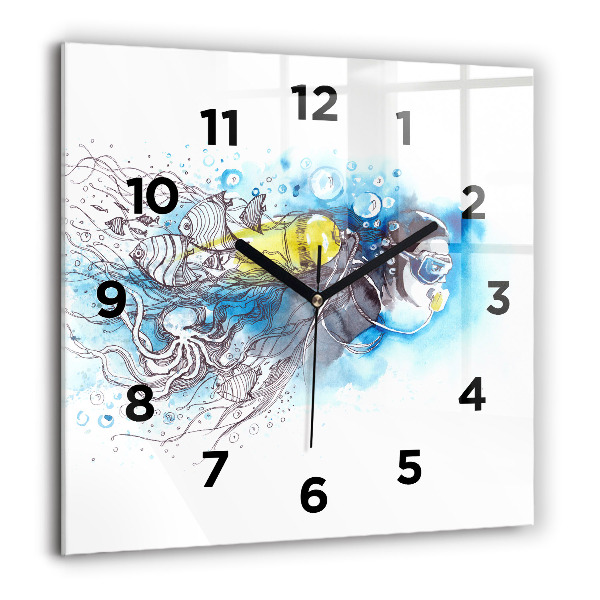 Square glass wall clock Underwater fish life