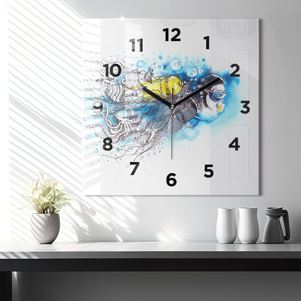 Square glass wall clock Underwater fish life