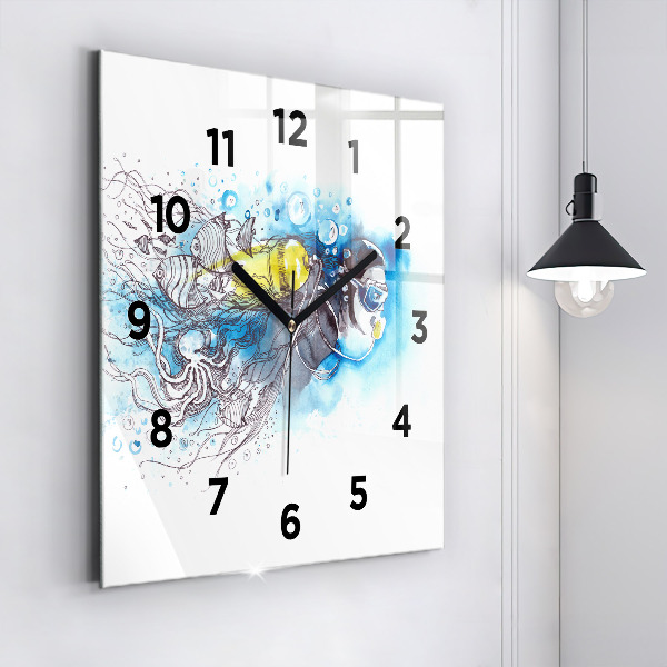 Square glass wall clock Underwater fish life