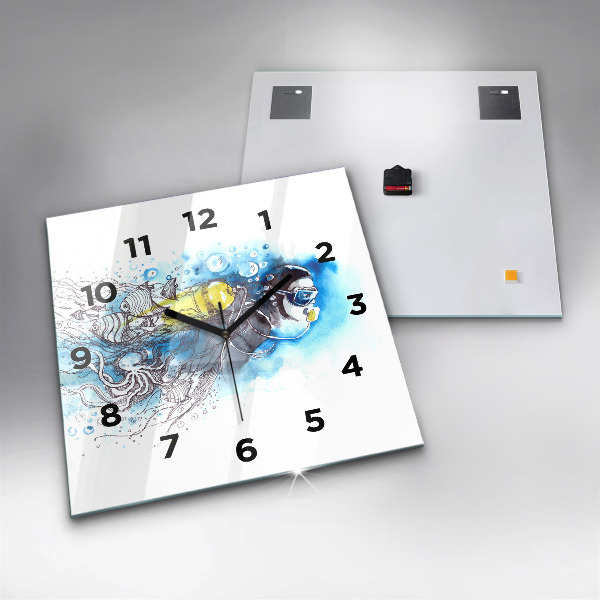 Square glass wall clock Underwater fish life