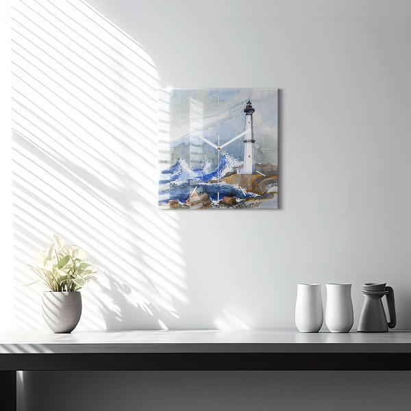 Square glass wall clock The sea and the lighthouse
