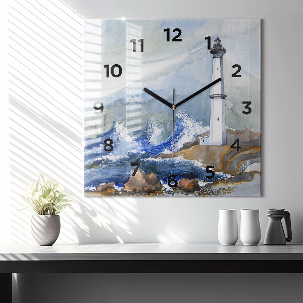 Square glass wall clock The sea and the lighthouse
