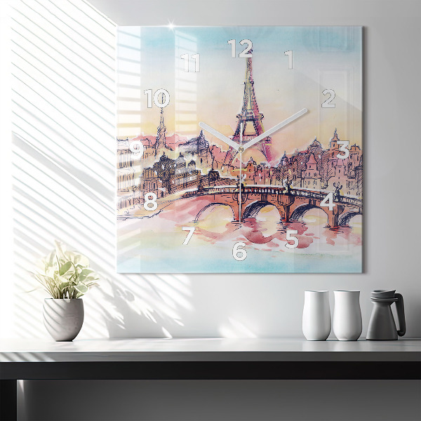 Square glass wall clock Painted Landscape of Paris
