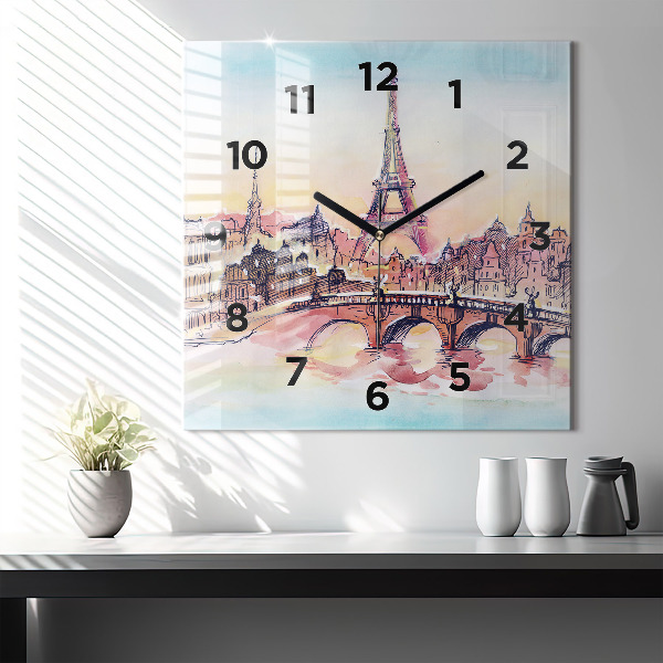 Square glass wall clock Painted Landscape of Paris