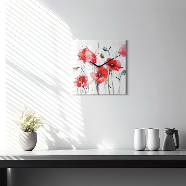 Square glass wall clock Painted Red Poppies