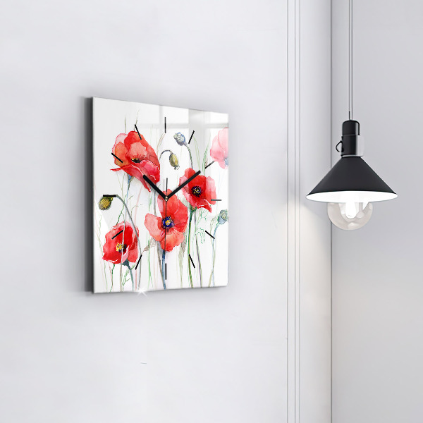 Square glass wall clock Painted Red Poppies