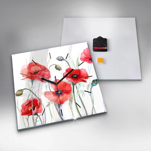 Square glass wall clock Painted Red Poppies