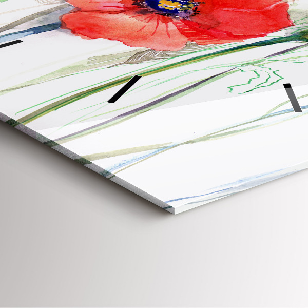 Square glass wall clock Painted Red Poppies