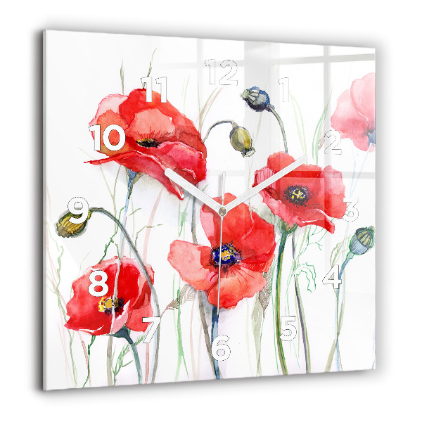 Square glass wall clock Painted Red Poppies