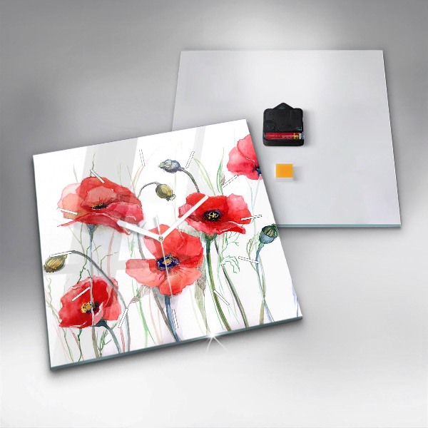 Square glass wall clock Painted Red Poppies
