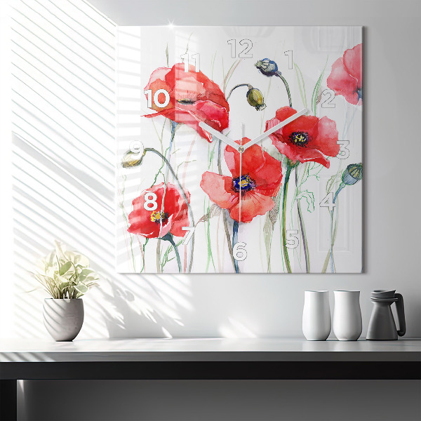 Square glass wall clock Painted Red Poppies