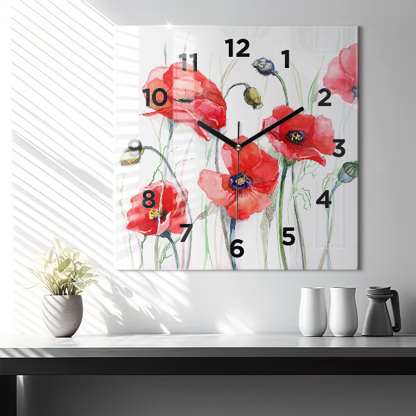 Square glass wall clock Painted Red Poppies