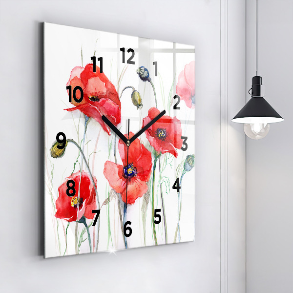 Square glass wall clock Painted Red Poppies