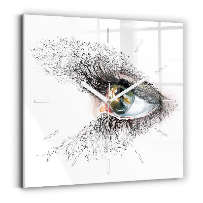 Square glass wall clock Drawing of a human eye