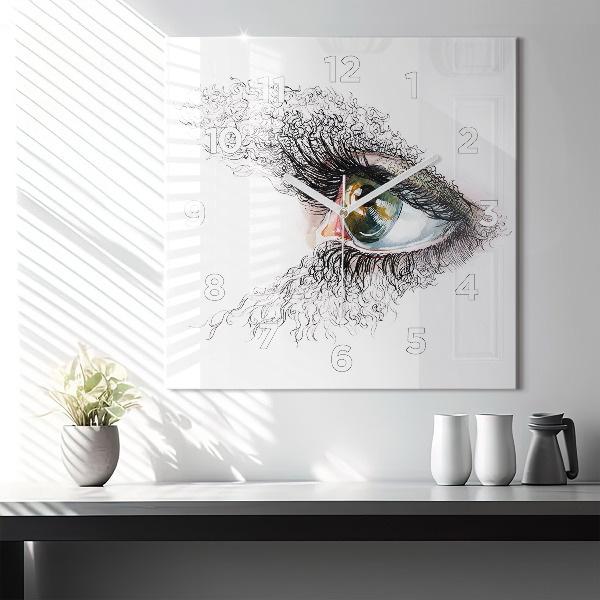Square glass wall clock Drawing of a human eye
