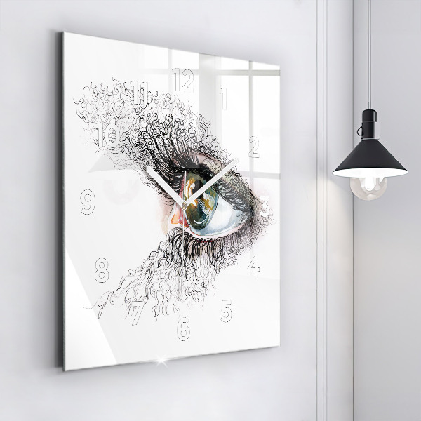 Square glass wall clock Drawing of a human eye