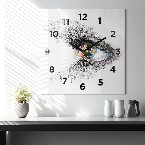 Square glass wall clock Drawing of a human eye
